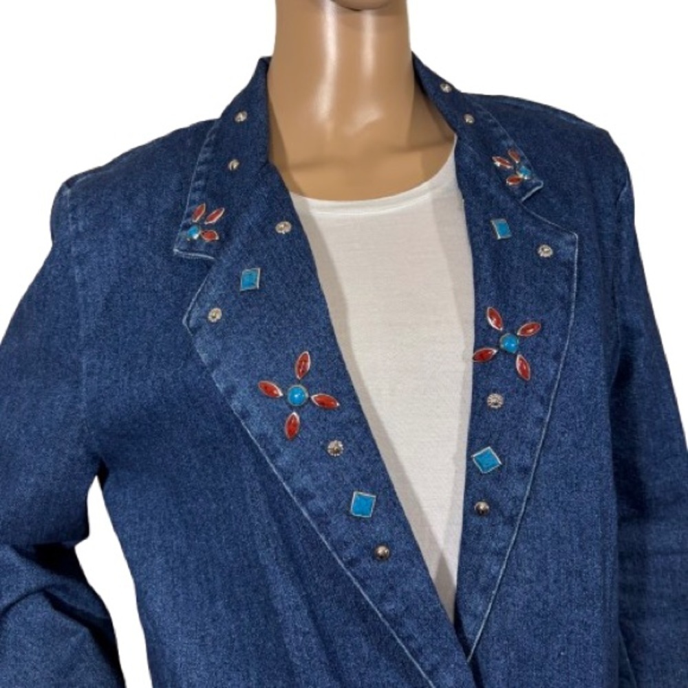 VINTAGE 80s Western Crackle Stone Embellished Denim Blazer Jacket Size 10